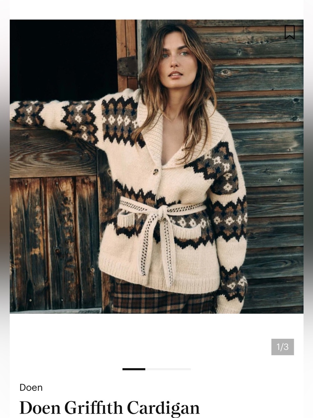 Doen Cream and Brown Fair Isle Belted Cardigan